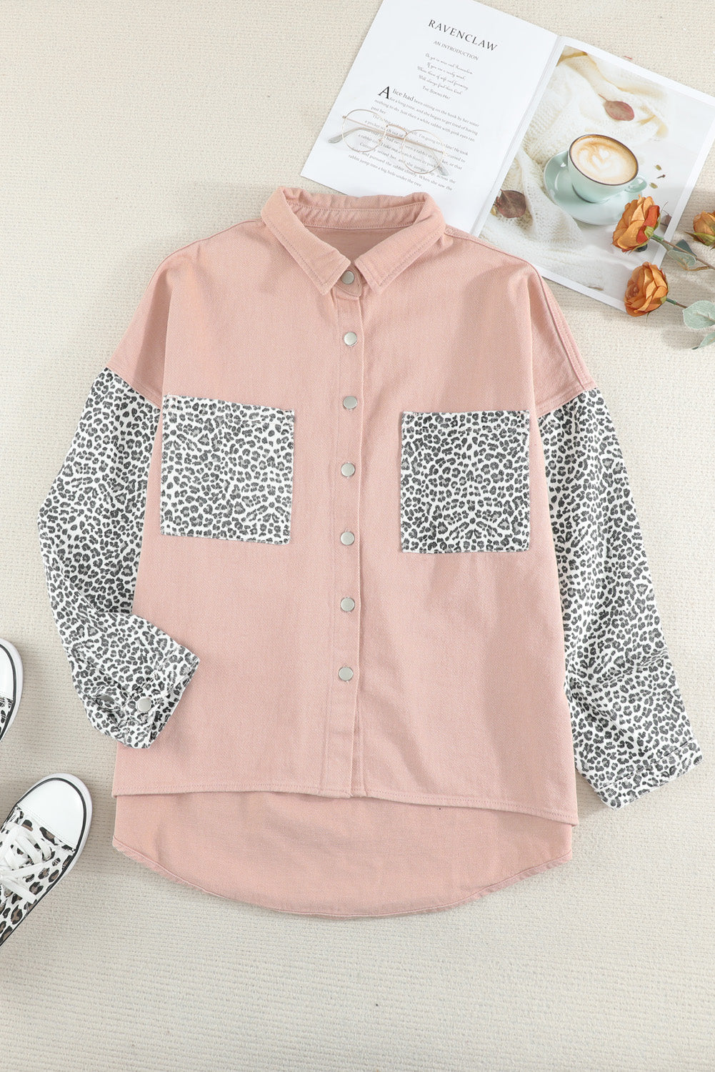 Sky Blue Contrast Leopard Denim Jacket