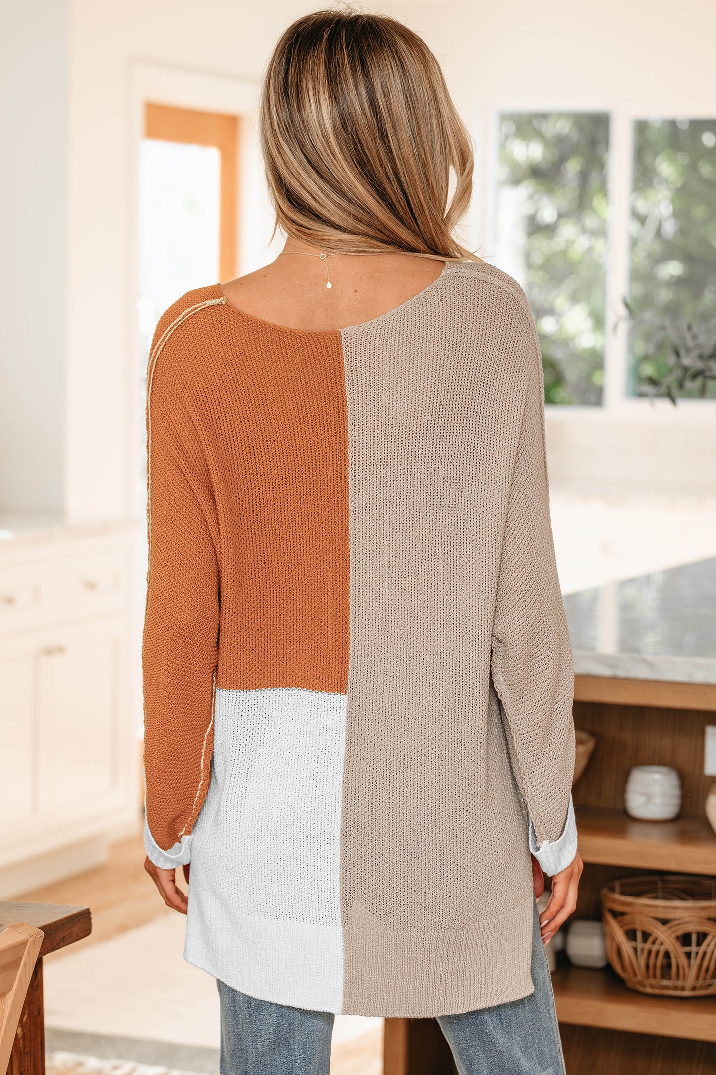Black Color Block Knit V Neck Loose Sweater
