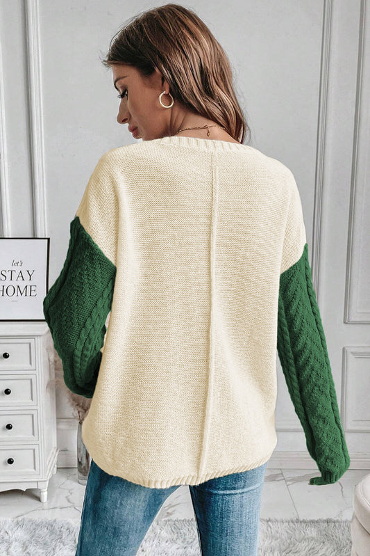 Pull vert brume grande taille en maille torsadée à blocs de couleurs et épaules tombantes