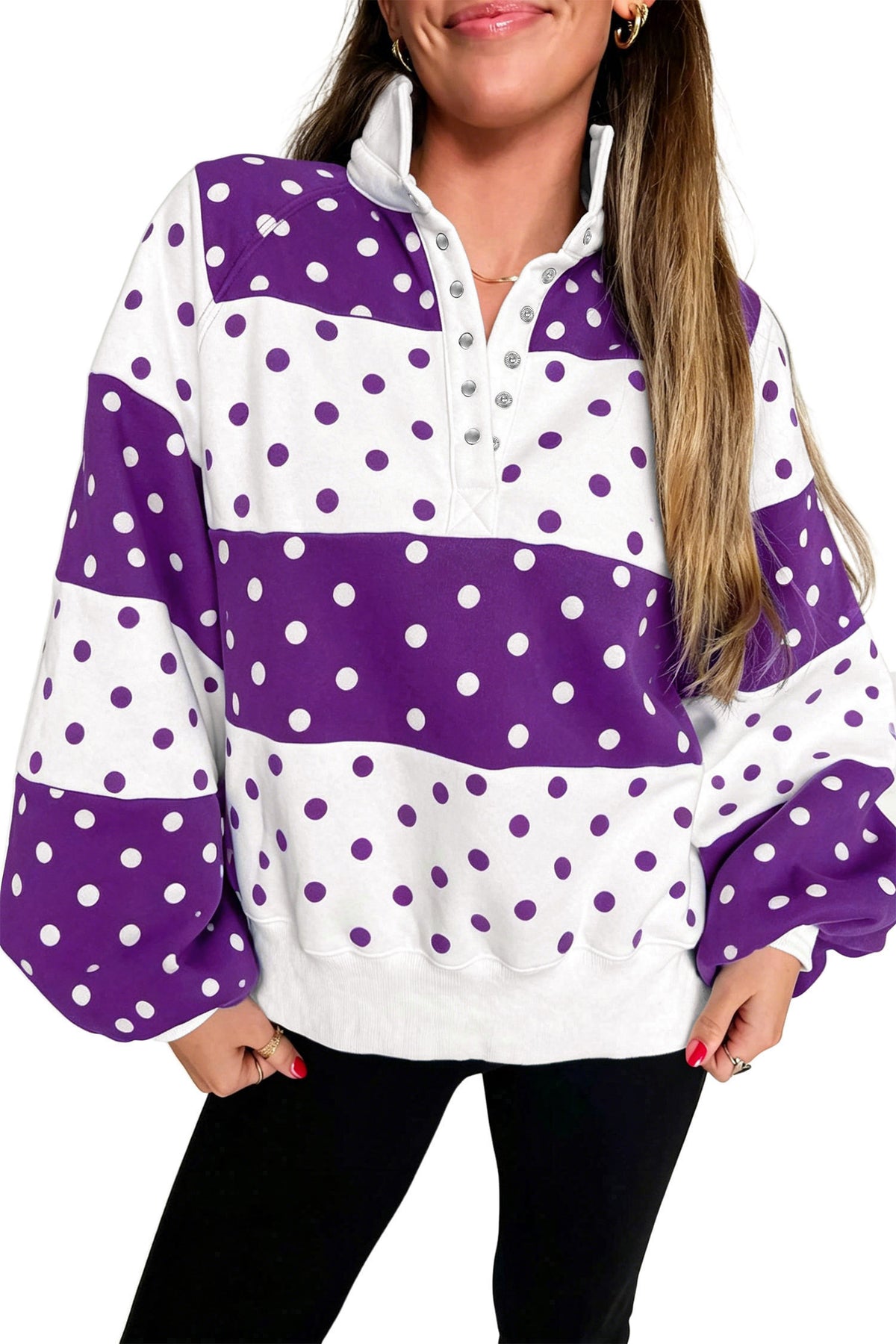 Purple Polka Dot Colorblock Half Zip Puff Sleeve Pullover Sweatshirt