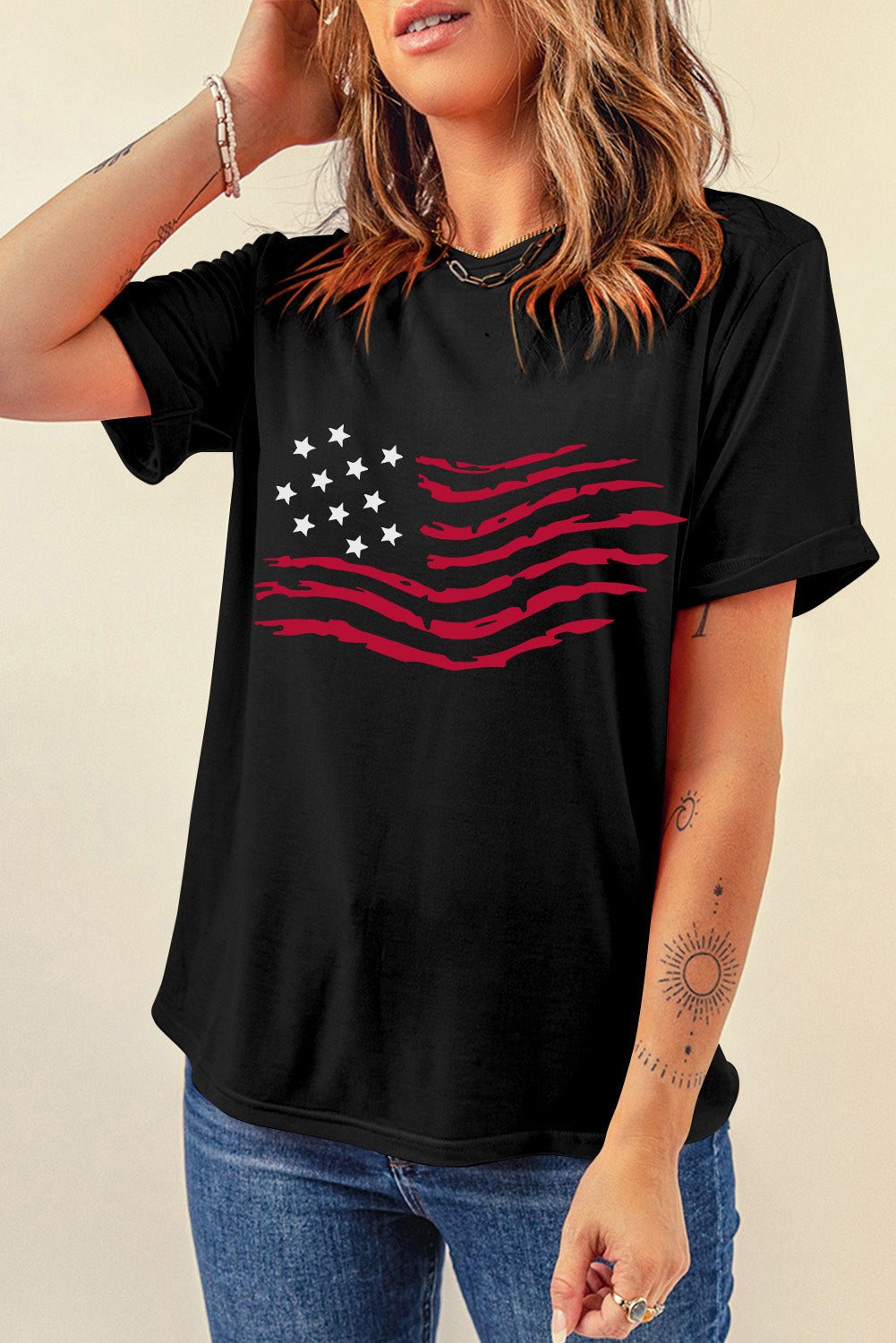 T-shirt ras du cou noir avec motif drapeau américain