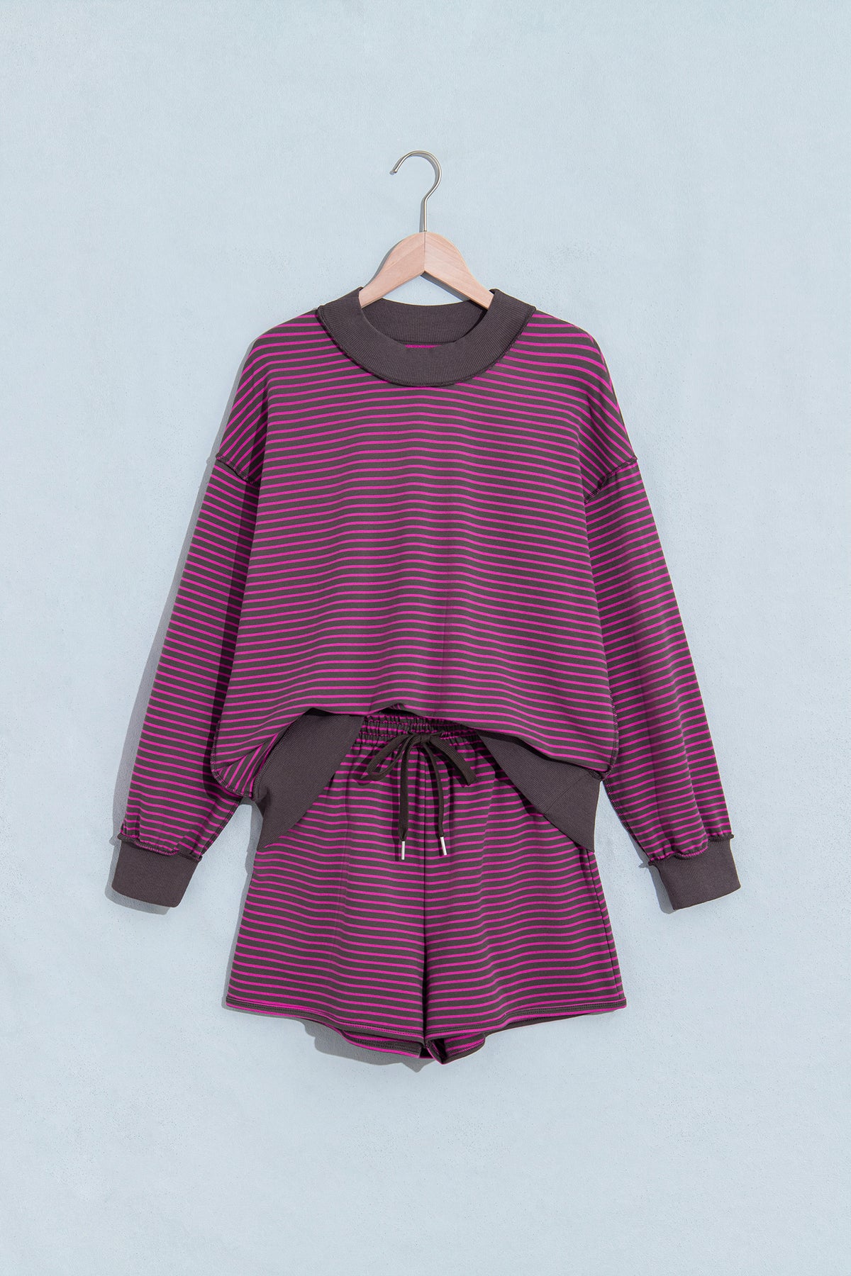 Brown Ribbed Patchwork Mock Neck Baggy Pullover Matching Shorts Set