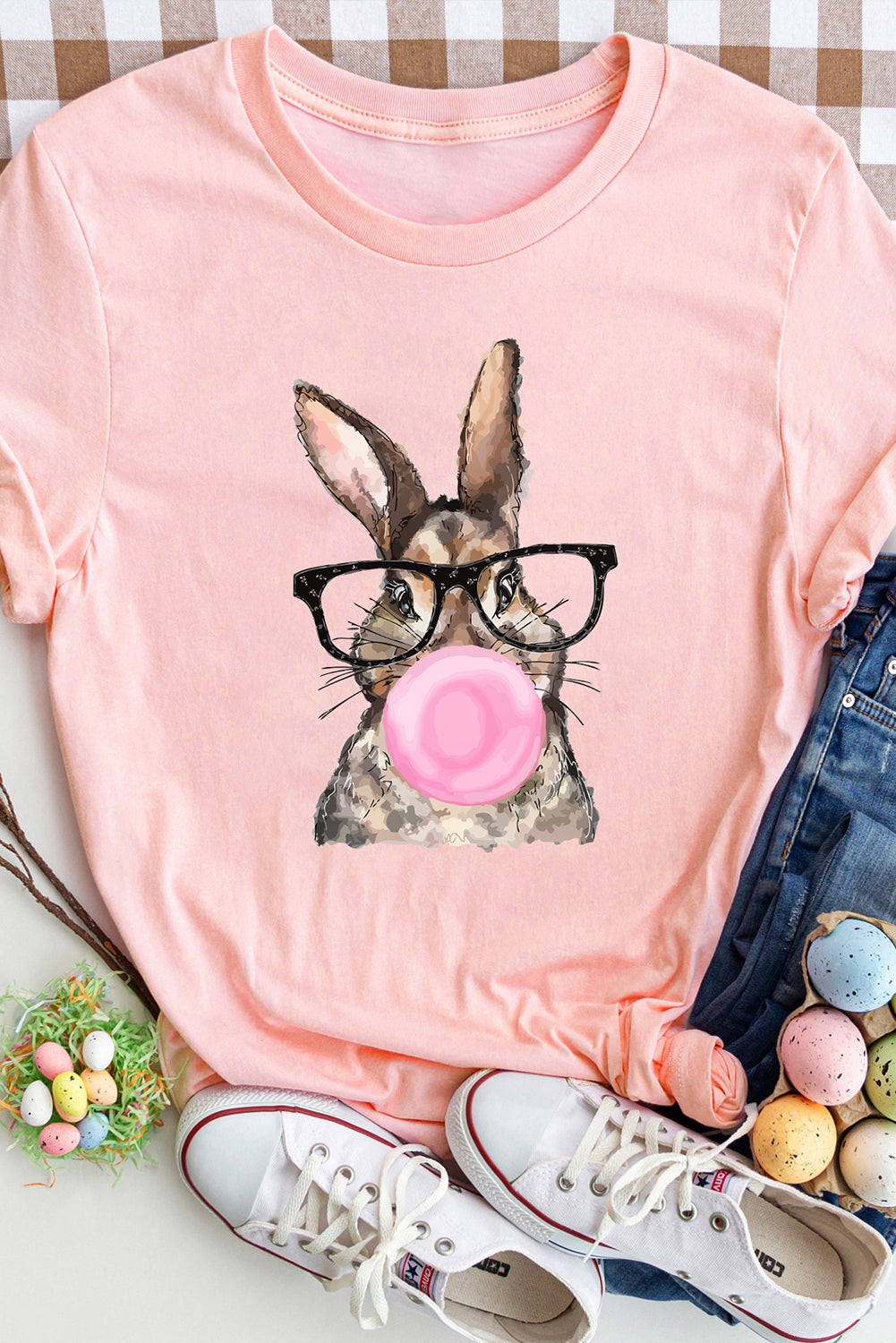 T-shirt décontracté à col rond et imprimé lapin de Pâques rose