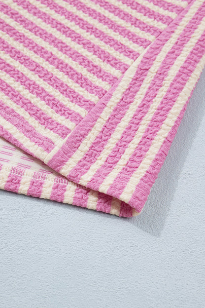 Pink Stripe Textured Contrast Trim Casual Tank and Shorts Set