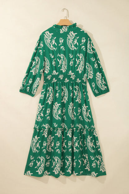 Green Floral Print V Neck Shift Dress Plus Size Dress