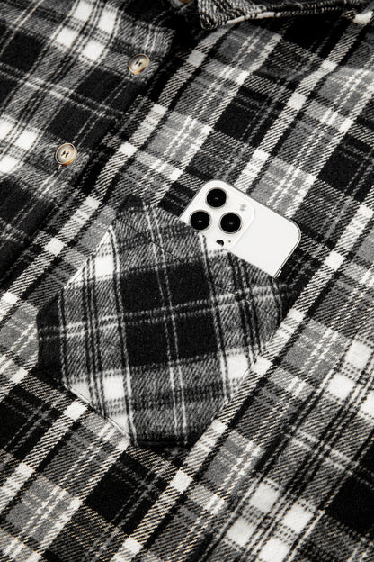 Black Plaid Long Sleeve V Neck Shift Plus Size Shirt Jacket