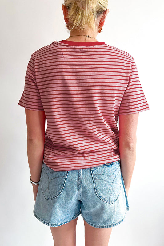 Pink Stripe Crew Neck Casual T Shirt