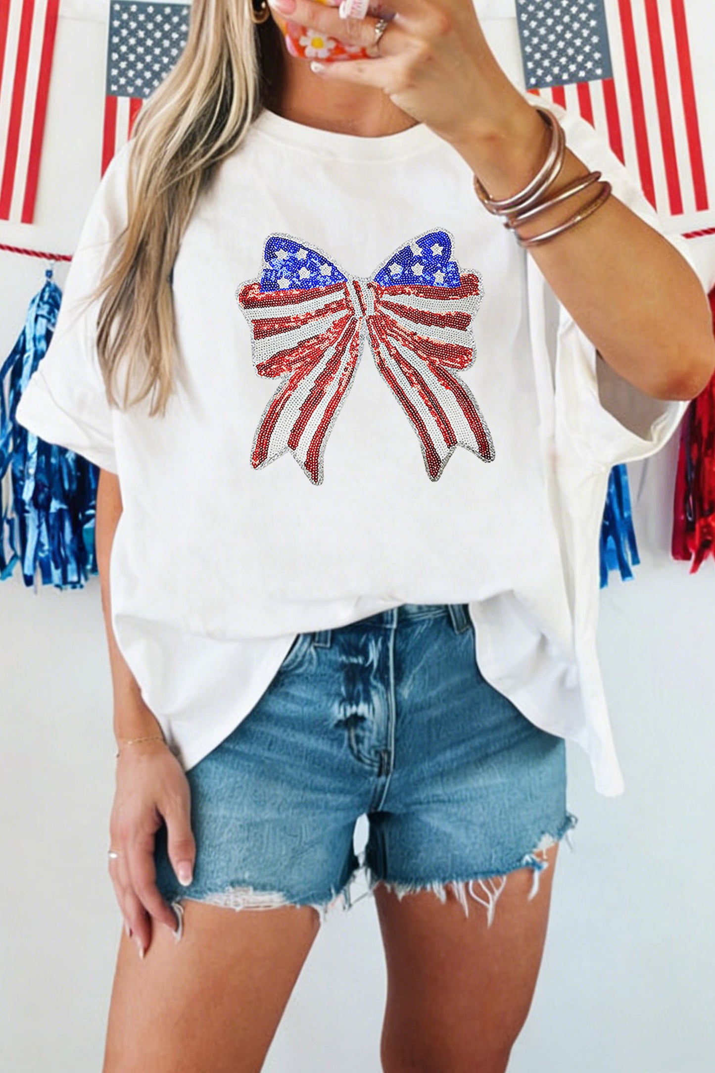 White Patriotic Sequin Bow Graphic Oversized Tee