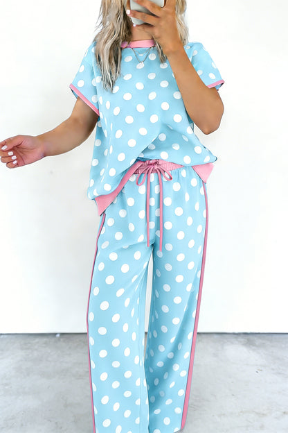 Sky Blue Polka Dot Short Sleeve Top and Pants Set
