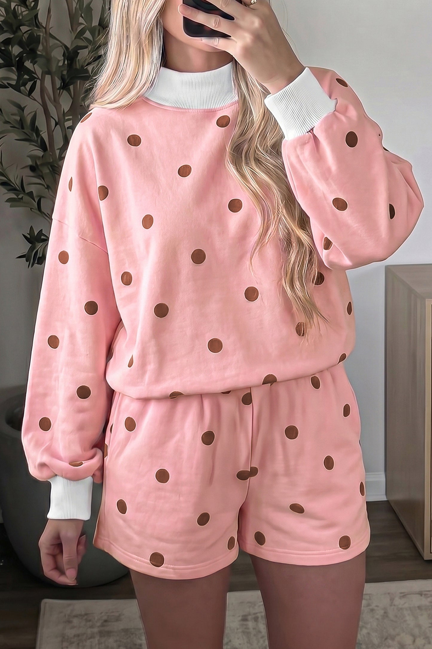 Pink Polka Dot Ribbed Trim Long Sleeve Top Casual Short Set