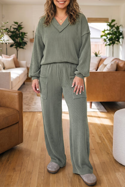 Four Leaf Clover Twisted Ribbed Exposed Seam Detail V Neck Pullover Plus Size Pant Set