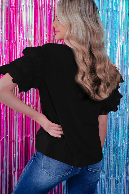 White Tulle Ruffle Sleeve Blouse