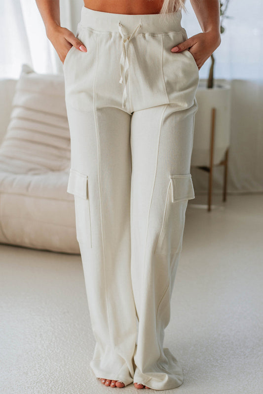 Pantalon de survêtement décontracté taille haute beige uni avec poches cargo