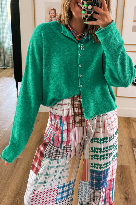 Bright Green Solid Color Knit Button Drop Shoulder Sweater Cardigan