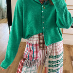 Bright Green Solid Color Knit Button Drop Shoulder Sweater Cardigan