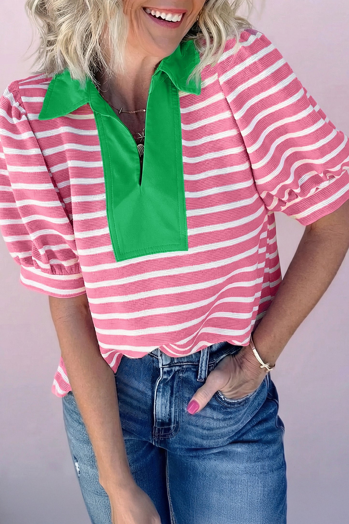 Pink Stripe Short Puff Sleeve Color Block Polo Collar Blouse