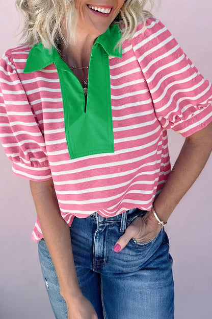 Pink Stripe Short Puff Sleeve Color Block Polo Collar Blouse