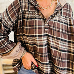 Brown Plaid Patchwork Long Sleeve Button Hooded Blouse