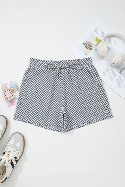 Gray Checkerboard Print Drawstring Elastic Waist Pocketed Shorts