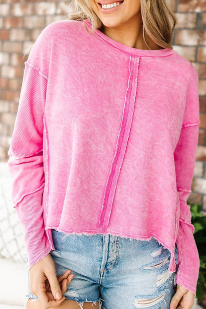 Sweat-shirt à bords bruts et coutures apparentes Rose