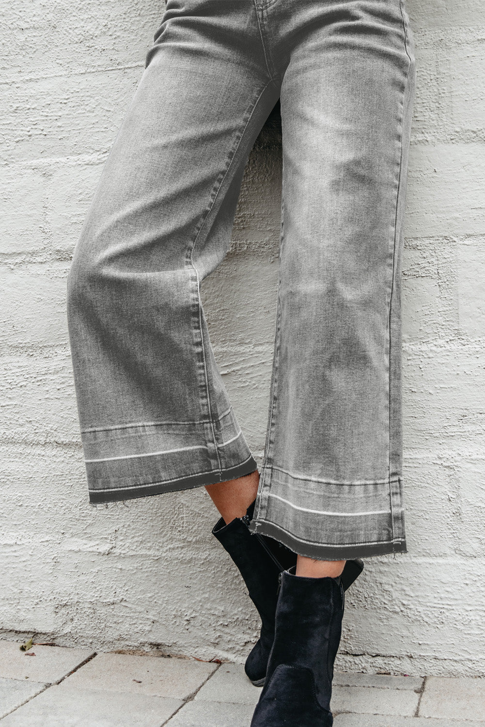 Gray Raw Hem Straight Leg Loose High Waist Jeans