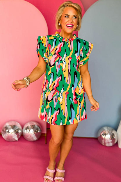 Mini-robe verte à imprimé abstrait, col à volants et manches à volants