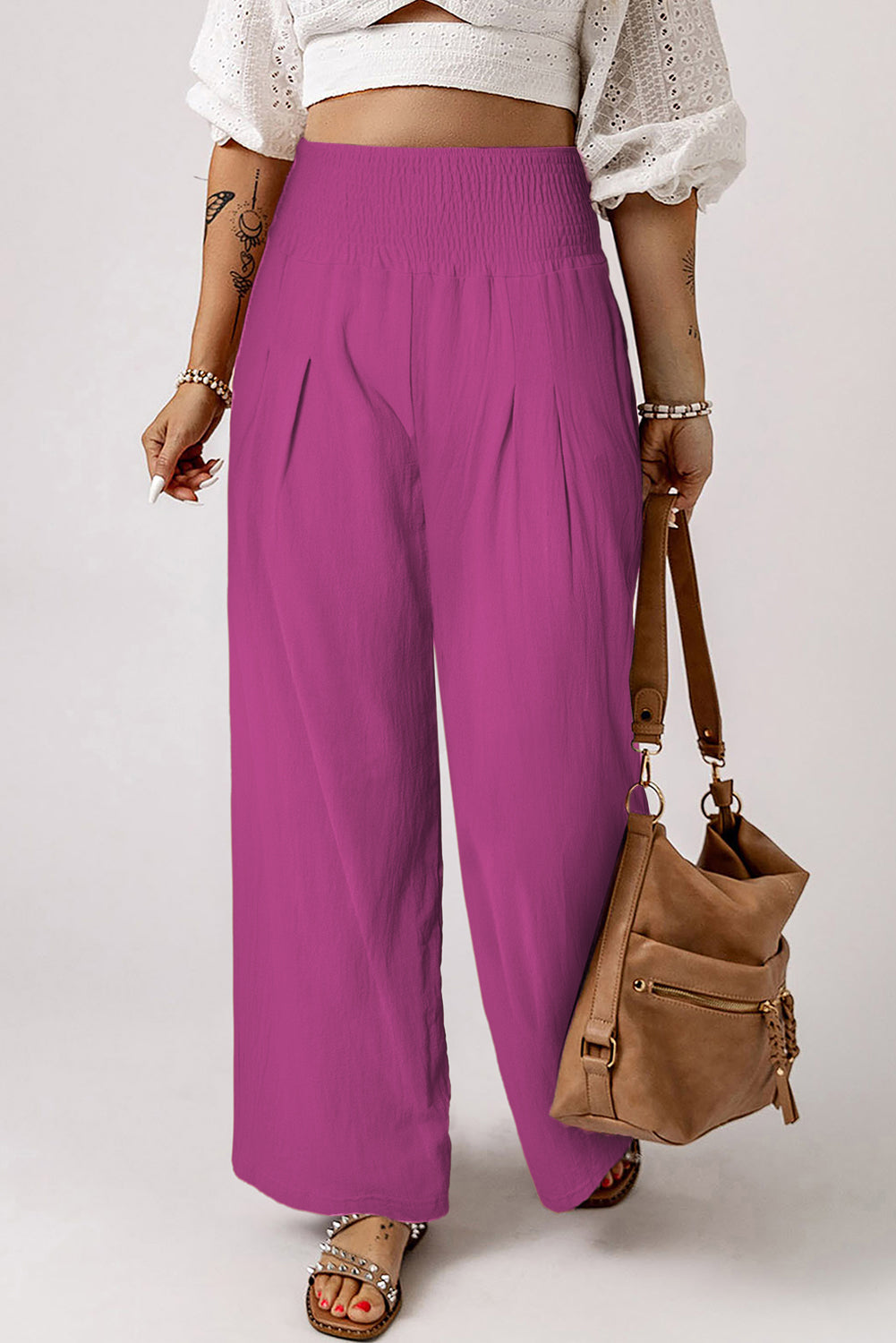 Khaki Smocked Wide Waistband High Waist Wide Leg Pants