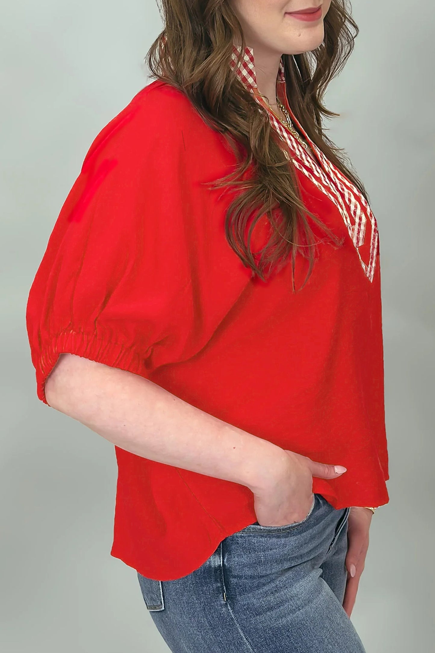 Red V Neck Plaid Collar Short Sleeve Tunic Blouse