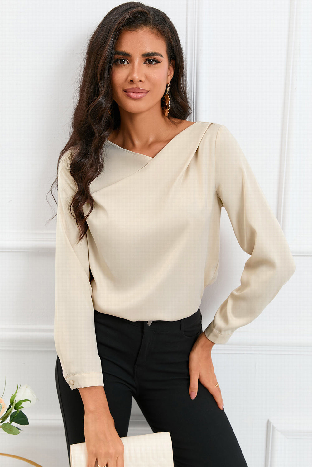 White Solid Asymmetric V Neck Long Sleeve Satin Blouse