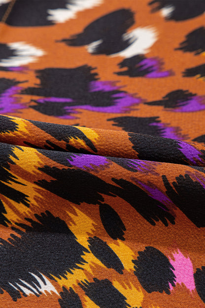 Chemisier orange à imprimé léopard, drapé, manches courtes, col en V fendu