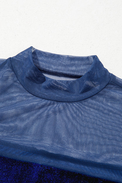 Navy Blue Velvet Long Sleeve Sheer Neck Patchwork Casual Pullover Top