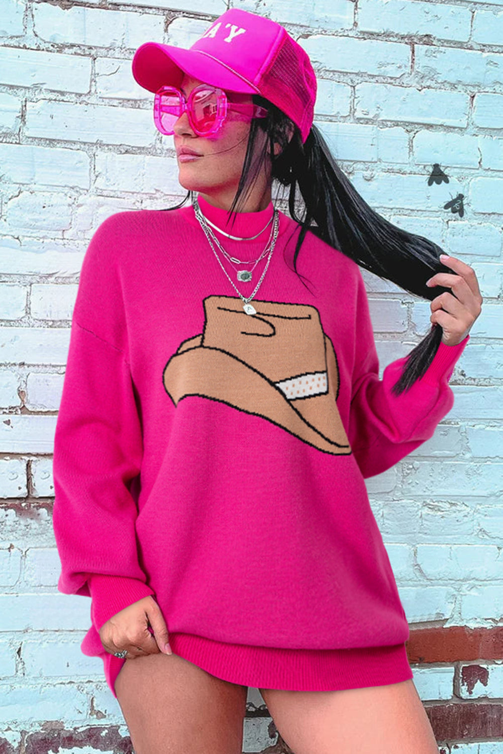 Pull oversize à épaules tombantes et chapeau de cowboy YEEHAW rouge rose