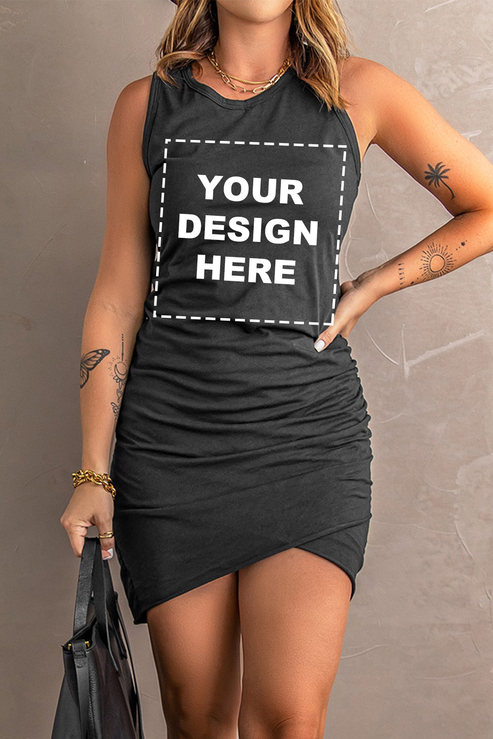 Minivestido sin mangas con cuello redondo y dobladillo arqueado fruncido