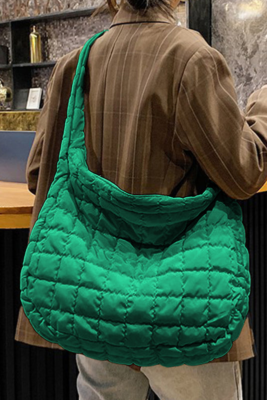 Dark Green Quilted Zipper Large Shoulder Bag