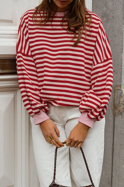 Red Stripe Cutout Open Back Long Sleeve Loose Top
