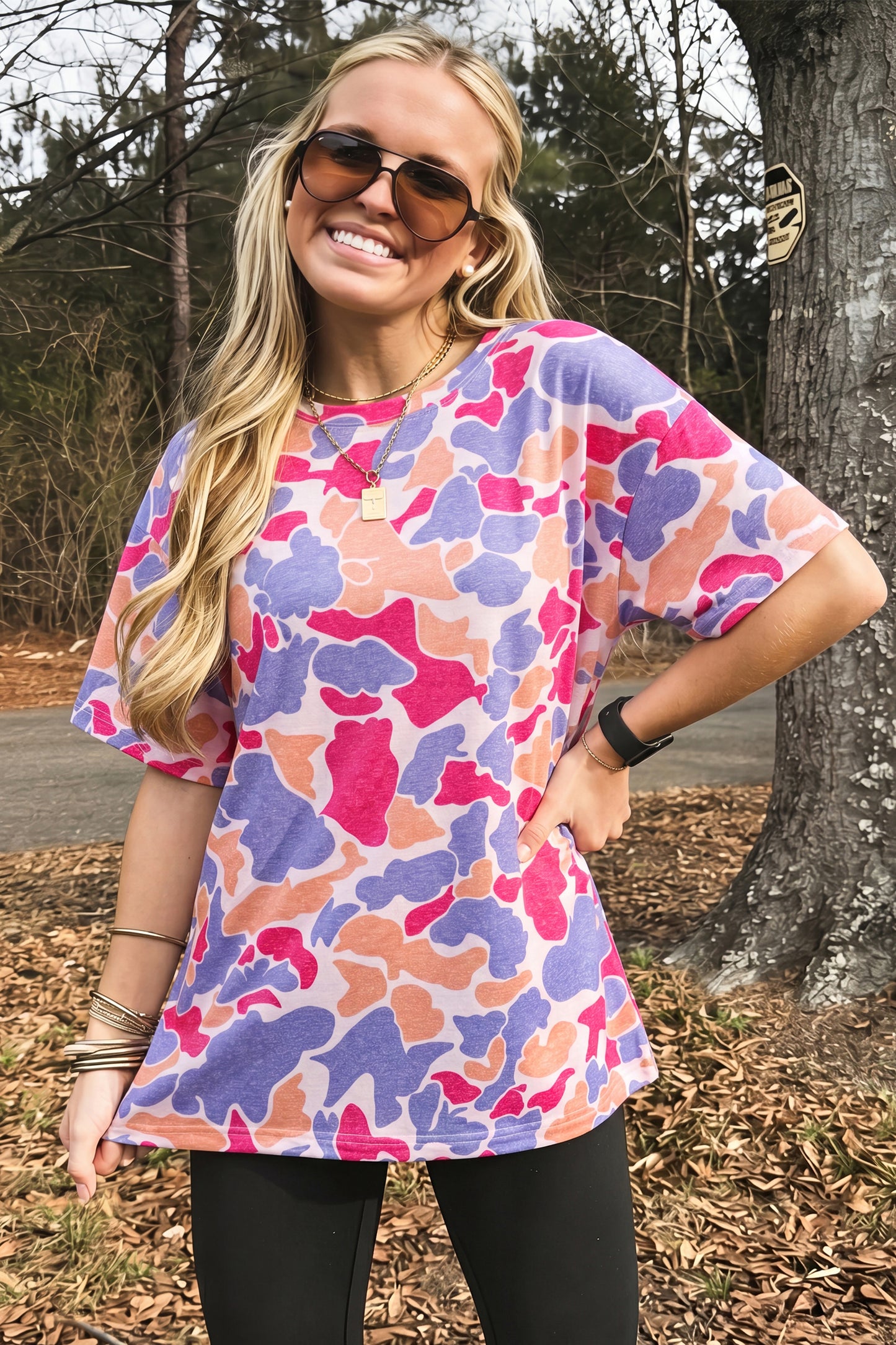 Multicolour Retro Camouflage Print Womens Casual T Shirt