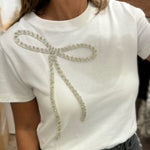 White Rhinestone Bow Embellished Round Neck Tee