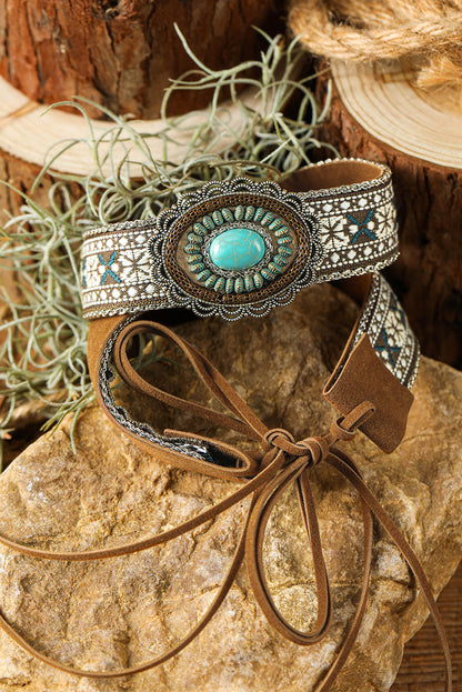 Bandeau de chapeau en cuir PU à lacets bleu clair avec motif western et décor turquoise
