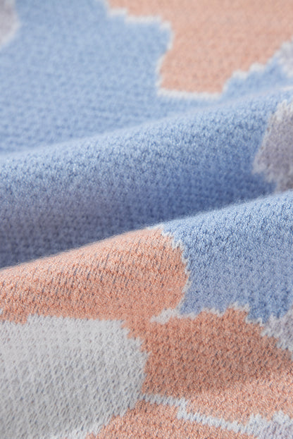 Pull tricoté à col rond et épaules tombantes à motif floral bleu Beau