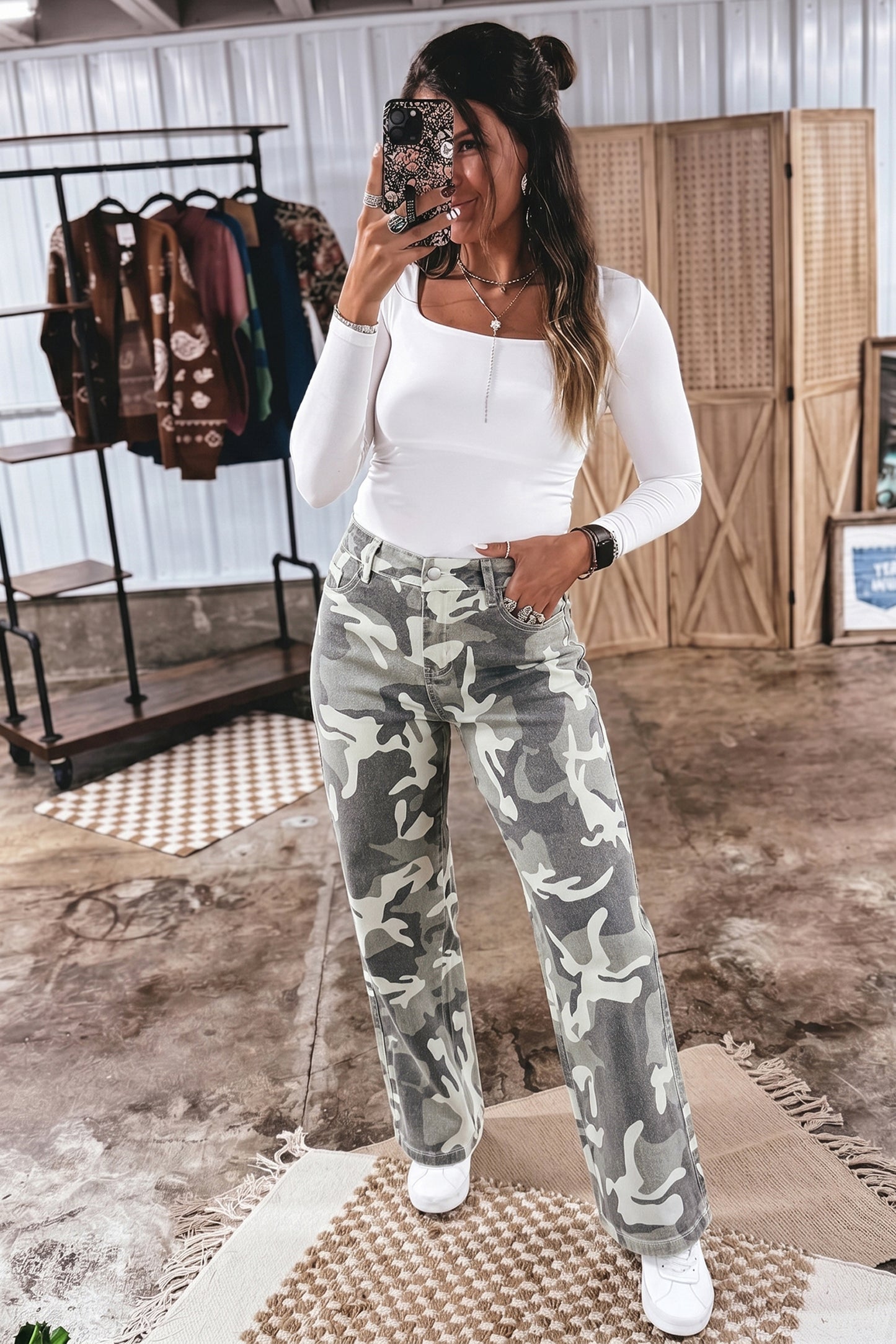 Green Camo Pattern Cotton Denim Shift Jeans