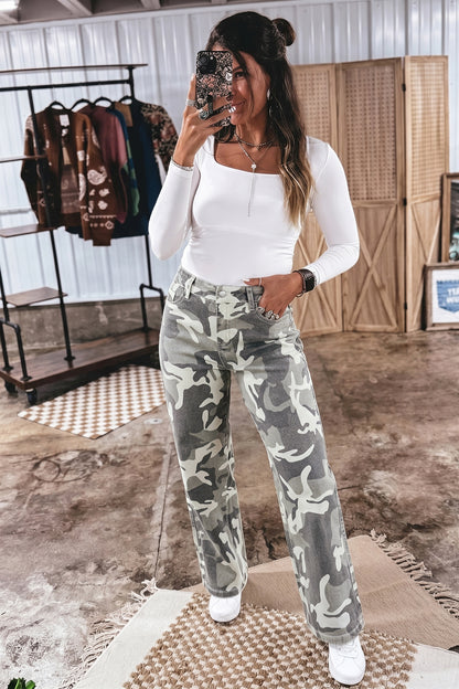 Green Camo Pattern Cotton Denim Shift Jeans