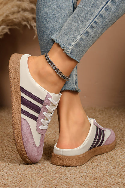 Tillandsia Purple PU Leather Color Block Varsity Lace Up Flat Shoes
