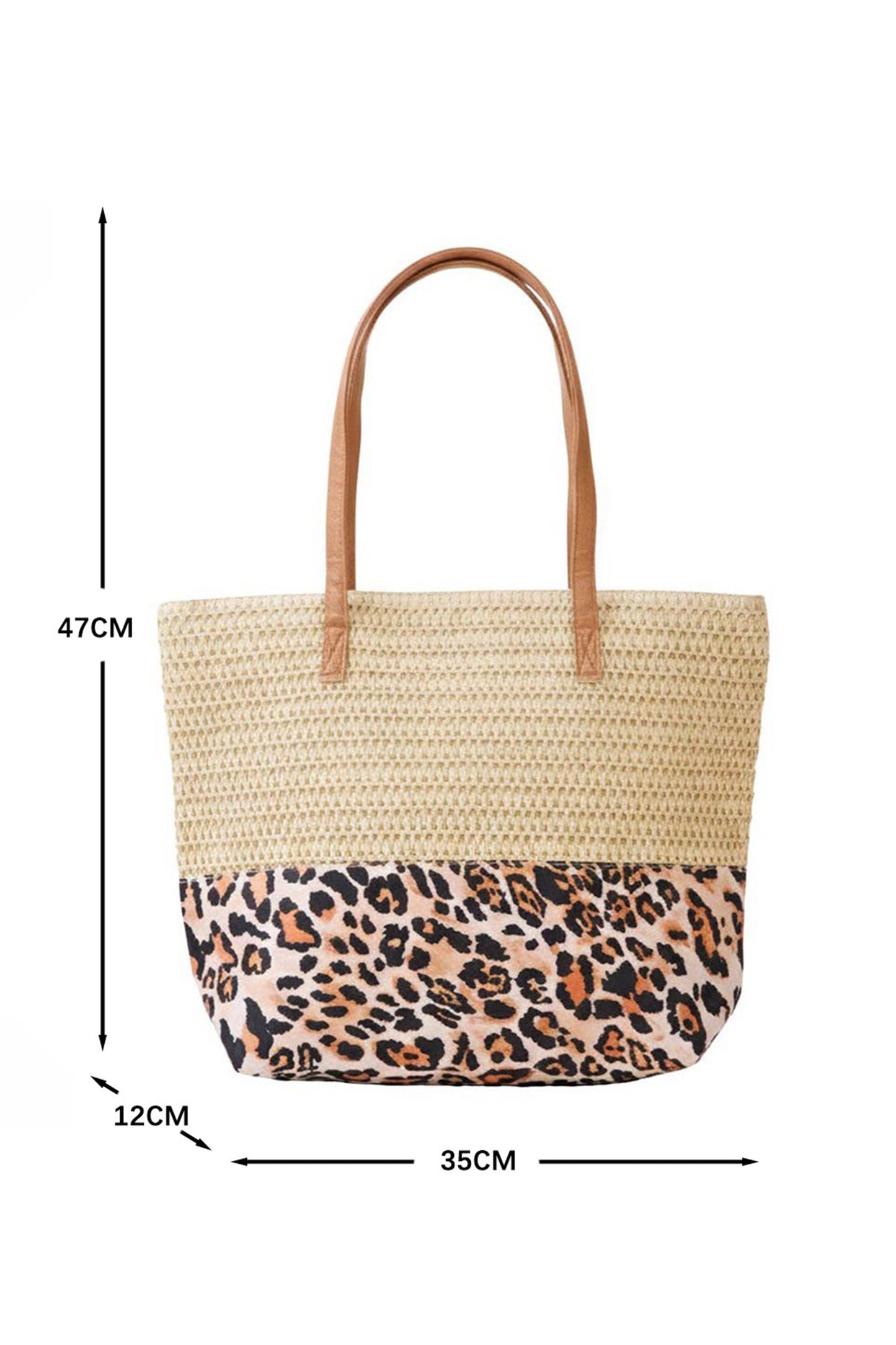 Beige Straw Woven Leopard Patchwork Large Tote Bag