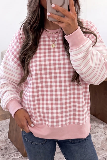 Pink Plaid Striped Patchwork Long Sleeve Casual Top