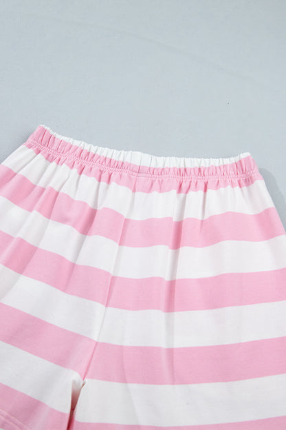 Pink Stripe Patchwork Zipper Pullover Elastic Waist Shorts 2pcs Set
