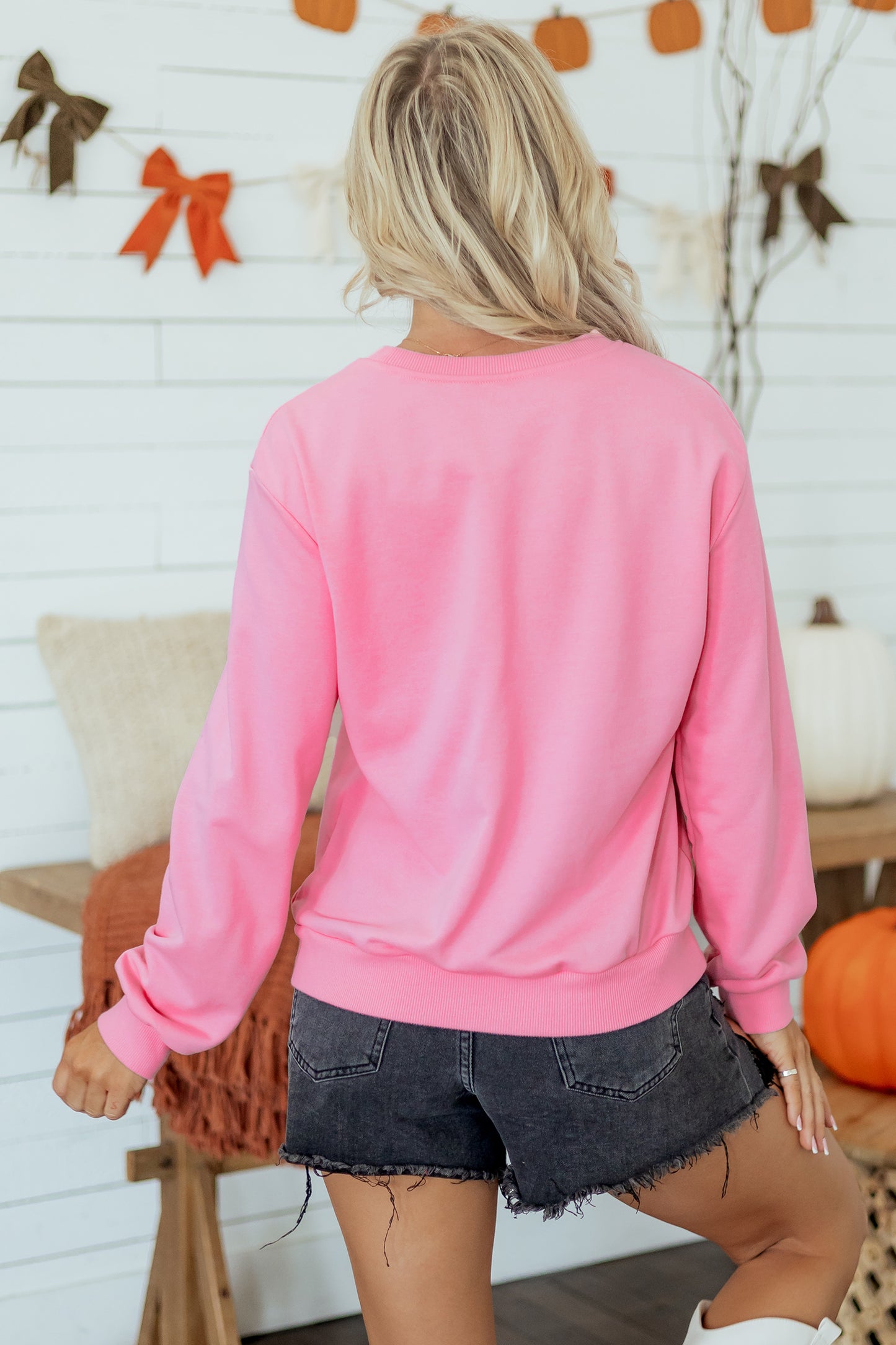 Pink Embroidered Pumpkin Face Long Sleeve Round Neck Sweatshirt
