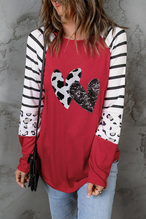 Red Double Heart Patch Contrast Long Sleeve Top
