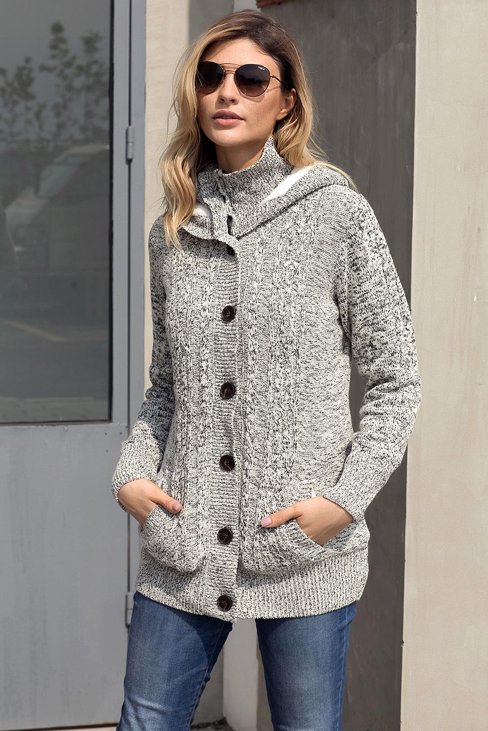 Dark Gray Long Sleeve Button-up Hooded Cardigans