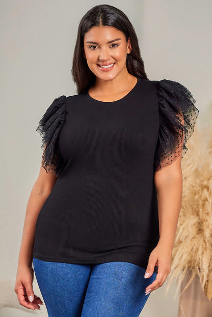 Haut en maille côtelée à volants et manches en maille à pois