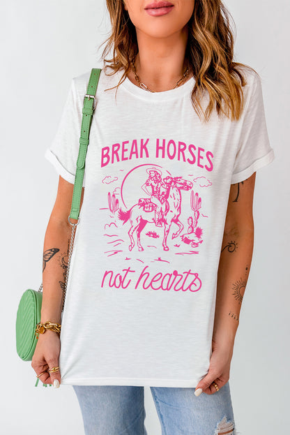 T-shirt blanc à col rond avec motif cowboy Western BREAK HORSES
